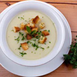 Getrüffelte Kartoffelsuppe mit Croutons und Kräutern